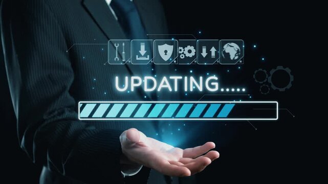 A businessman in a suit presents a hand, showcasing a digital updating progress bar surrounded by technology icons, symbolizing innovation and modern advancement. Qubit