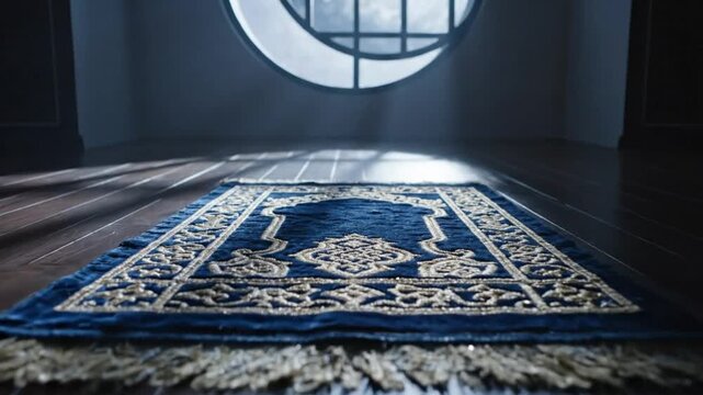 A blue prayer rug lies on the wooden floor in a serene room with a circular window.