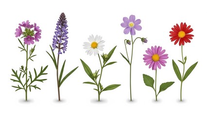 Obraz premium A vibrant collection of colorful flowers on green stems with lush leaves on a white background