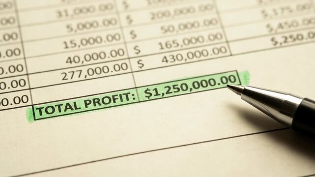 Total profit highlighted on financial document with pen showing business metrics and tech visualization for success and growth strategies