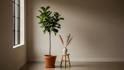 A tall fiddle leaf fig tree in a terracotta pot next to a small wooden stool in an empty room