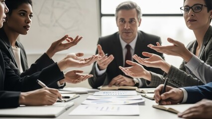 Business professionals engaged in a heated discussion around a conference table with documents and pens