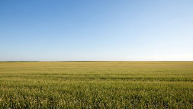 Vast green field under a clear blue sky, a serene landscape of agricultural land stretching to the horizon