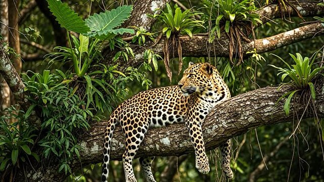 Leopard lounging high on tropical tree branch in jungle.