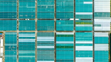 Aerial view of rectangularly arranged greenhouses or industrial storage facilities