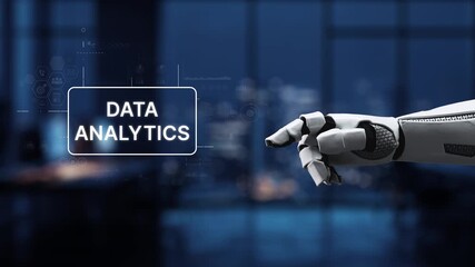 A futuristic robotic hand points at a data analytics interface showcasing various graphs and statistics in a modern office space with a city night backdrop. Synapse - Powered by Adobe