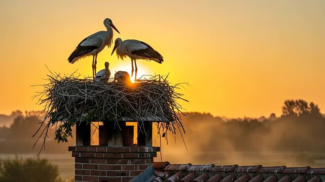 Stork family nesting on chimney at dramatic golden sunrise
