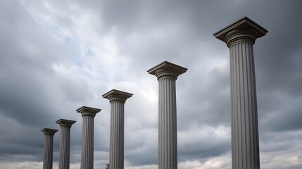 Fototapeta premium A line of classical pillars against a dramatic overcast sky symbolizing strength and progress