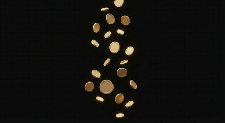 Golden coins falling down against a dark black background representing financial success and wealth.