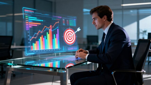 Businessman analyzing data on holographic screen - Powered by Adobe