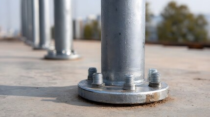 Industrial metal columns with robust bolt bases anchored to concrete