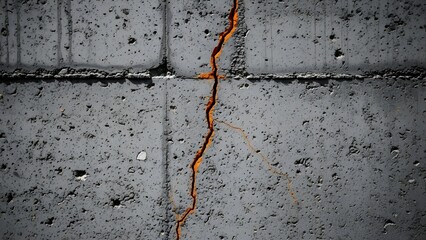 Fototapeta premium Closeup of a deep, vertical crack with orange rustlike discoloration running through a dark, textured concrete or asphalt surface, showing structural damage and decay