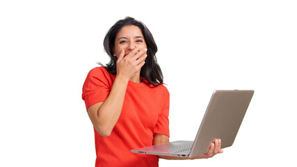 Woman laughing holding laptop on transparent background