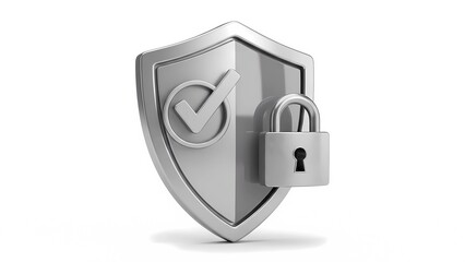 A silver shield with a checkmark and a padlock represents security and protection