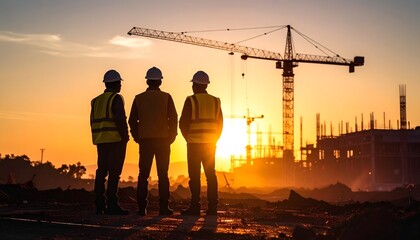 Construction workers silhouetted against a stunning sunset with cranes in the background