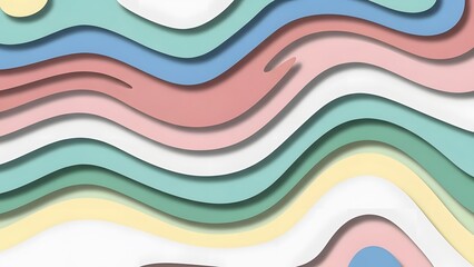 Abstract layered paper cut background with wavy lines in pastel colors like pink, blue, green, and yellow, creating a modern 3d effect
