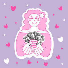 Modern rose flower collage with a doodle girl for International Women's Day