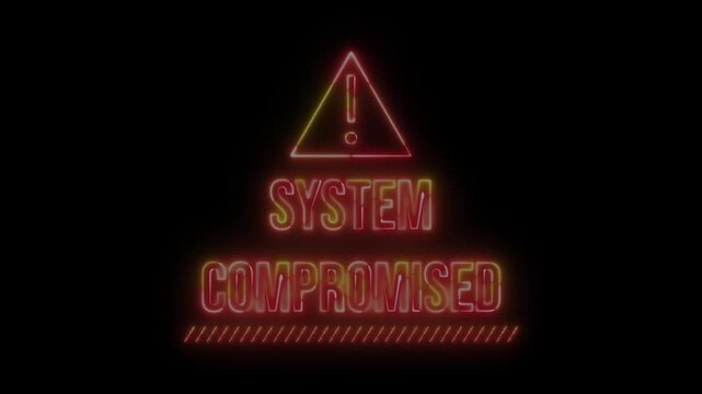 System Compromised Neon Warning Animation with Glowing Alert Text and Cyber Security Error Style on Dark Background, Futuristic Hacker Threat Loop for Technology and Motion Graphics