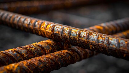 Close-up view of rusty rebar showcasing texture and detail in a construction setting