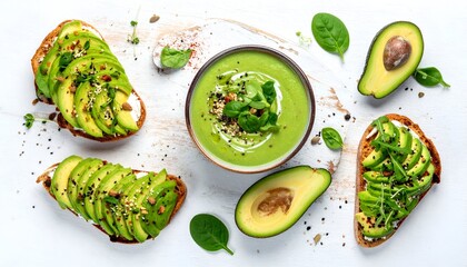 A vibrant display of fresh avocado toast and a green smoothie garnished with herbs