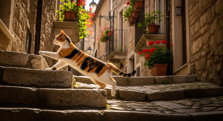 Elegant Calico Cat Walking Up Old Stone Steps in Europe