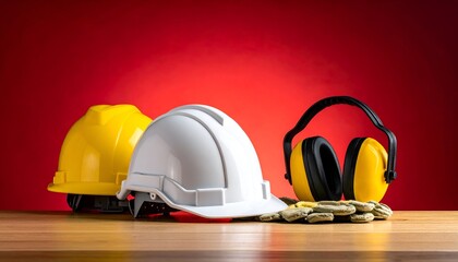 A collection of safety helmets and ear protection on a wooden surface with a vibrant red background