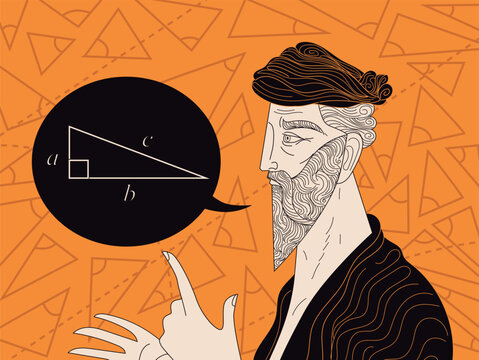 pythagoras explaining his theorem orange amphora style