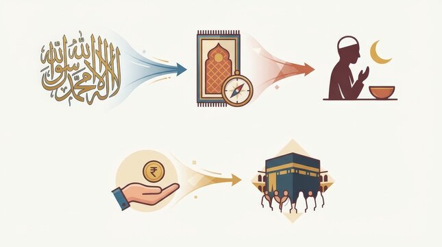 Visualization of the Five Pillars of Islam displaying key religious practices such as Shahada Salat Zakat and Hajj in a modern flat design infographic style , Perfect Any Project.