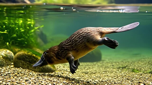 Swimming platypus gracefully glides through clear, serene water.