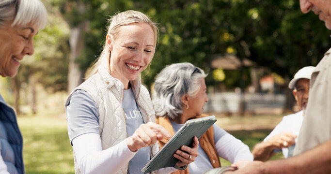 Smile, women and reading with tablet outdoor for charity, online checklist and community service. People, parcel and digital for donation inventory, humanitarian outreach and ngo agenda of food drive