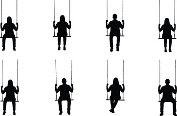 Swing silhouettes, people on swings, sitting posture, playground activity, black figures, minimal style, outdoor motion, childhood, leisure, icon set