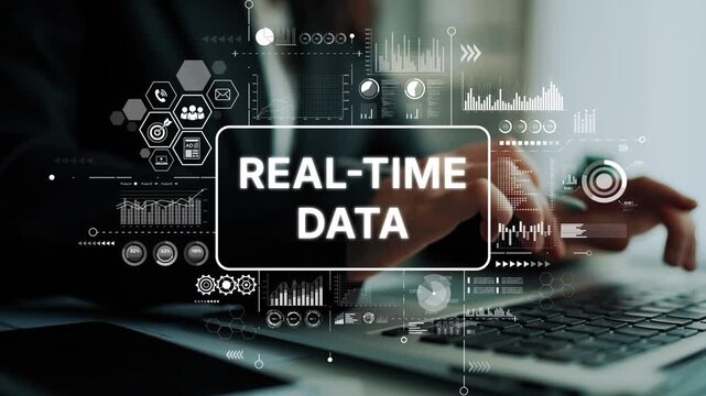 Business Professional Analyzing Real-Time Data with Modern Technology and Graphics in a Bright Office Environment. Asymptotic smart data analytic.