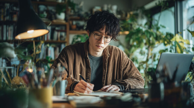 アイデアを文章に落とし込む男性作家の在宅執筆ワーク