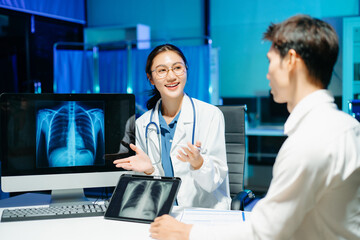 Professional doctor examining patient with stethoscope in modern clinic, healthcare consultation, medical checkup, diagnosis, trust, technology and wellness care.