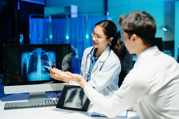 Professional doctor examining patient with stethoscope in modern clinic, healthcare consultation, medical checkup, diagnosis, trust, technology and wellness care.