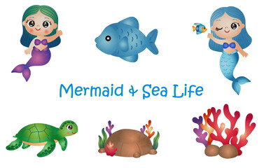 Cute mermaid with Sea life elements illustration set. watercolor hand drawn style.