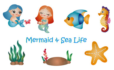 Cute mermaid with Sea life elements illustration set. watercolor hand drawn style.