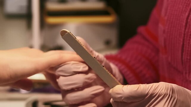 Manicure treatment. Spa therapy. Female beautician in gloves using emery board preparing clients nail hands for beauty cosmetic procedure.