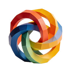 Obraz premium Abstract 3D geometric knot sculpture with rainbow colors, polyhedral forms, interlocking rings, and symmetric design, showcasing artistic creativity and modern decorative artistry.