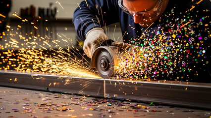 Close-up of a skilled tradesperson using an angle grinder to cut a metal beam, generating a brilliant cascade of fiery sparks.