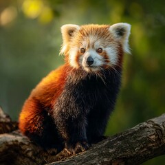 Fototapeta premium Red panda perched on a tree branch in soft light animal