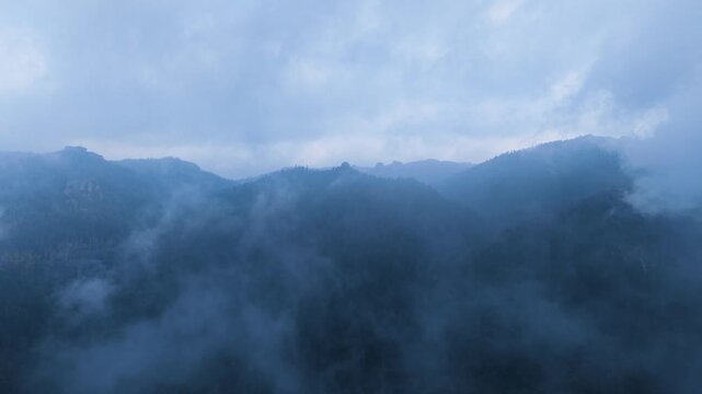 Aerial view of Mineral del Chico between mountains and clouds, Hidalgo Mexico