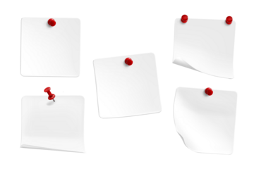 Collection of blank white note papers pinned with red thumbtacks for reminders