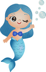 Cute Winking Mermaid Illustration with Bubbles Watercolor Illustration Hand Drawn Style