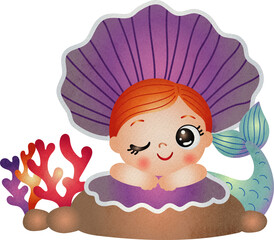 Cartoon Mermaid with Seashell and CoralWatercolor Illustration Hand Drawn Style