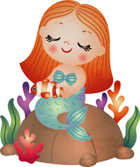 Watercolor Illustration of Mermaid with Clownfish Hand Drawn Style