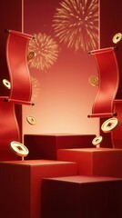 Red Festive Chinese New Year Background with Fireworks and Gold Coins.