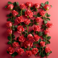 Vibrant Pink Roses in Grid Pattern on Pink Background