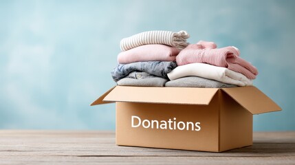 Cardboard box filled with neatly folded clothing donations, showcasing a variety of colors and textures, symbolizing generosity and community support