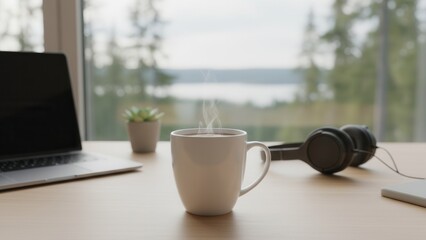 Peaceful remote work setup with steaming coffee, laptop, and a serene lake view